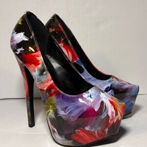 Liliana Abstract Floral Platform Stiletto Heels Multicolor Pumps Size 7